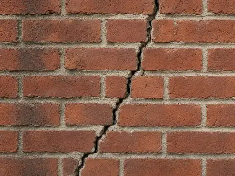 Stair-step crack in a red brick wall caused by foundation settlement in Oklahoma City