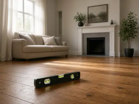 Spirit level on a hardwood floor checking for uneven floors before house leveling