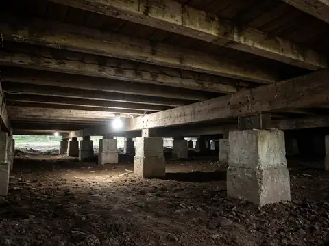 Crawl space under a pier and beam house in Oklahoma City showing wood beams on concrete piers